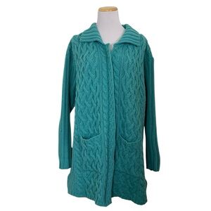 Aran Crafts 100% Merino Wool Longline Cardigan Sweater Womens XL Turquoise Zip
